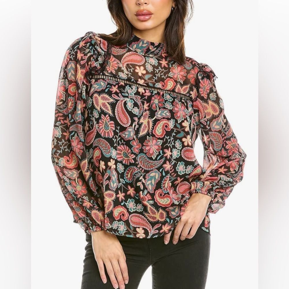 Lost + Wander Anthropologie Brand romantic blouse, black green red size small